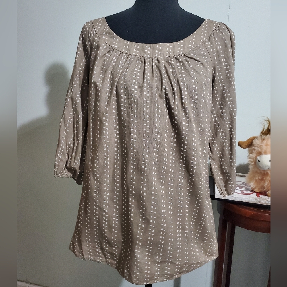 LOFT Cotton Polka Dot Boat Neck Blouse Taupe 3/4 Sleeve Size 4